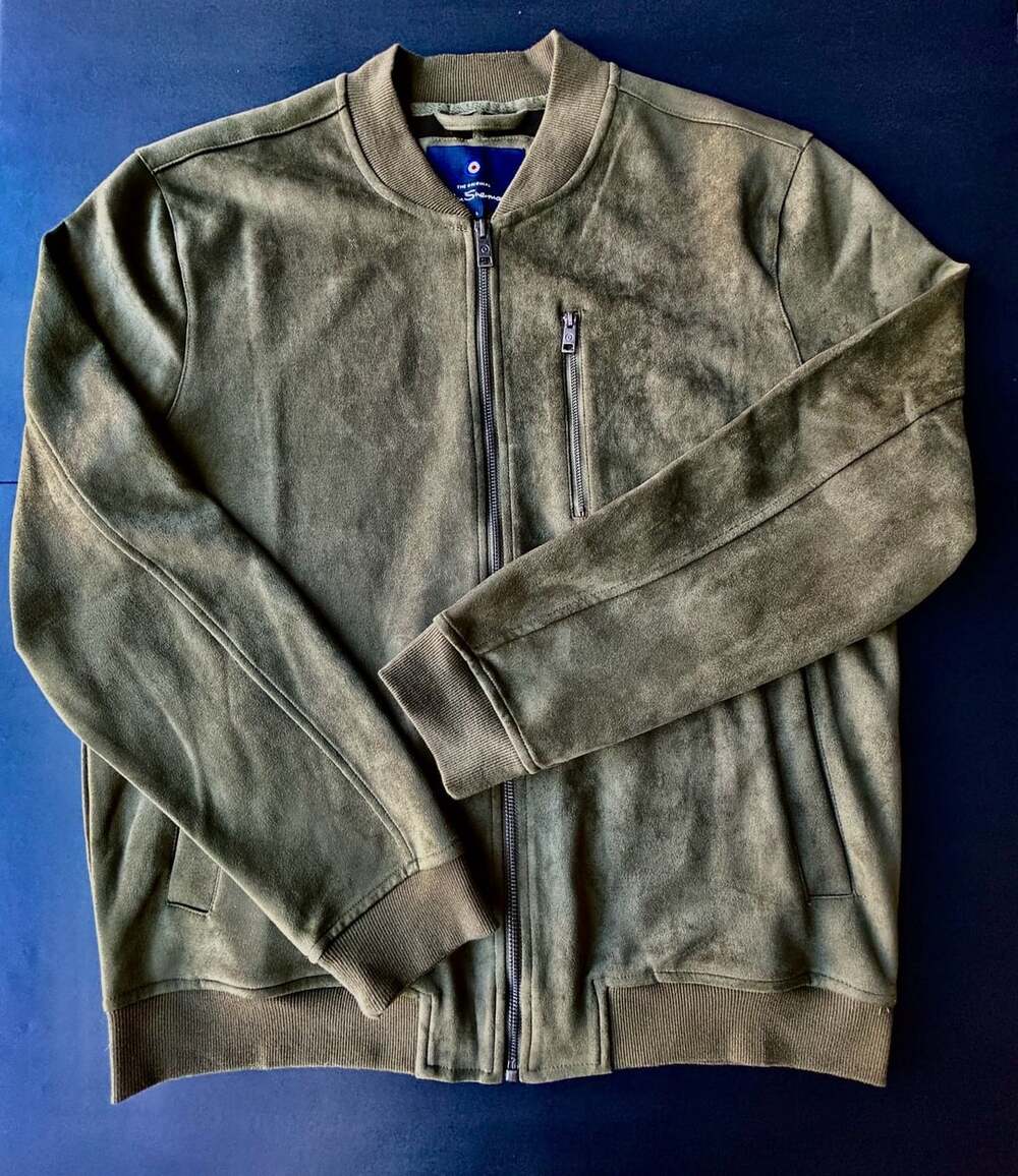 Ben Sherman Bomber Jacket Size L Olive Green Faux Suede